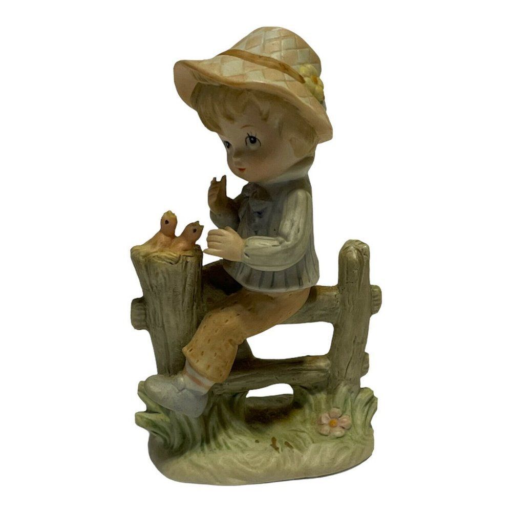Lefton boy sitting on fence with baby birds collectible figurine 1984 #04136 GUC